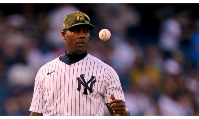 Aroldis Chapman, who is injured, tosses off the mound at Yankee Stadium