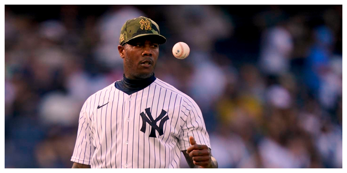Aroldis Chapman, who is injured, tosses off the mound at Yankee Stadium