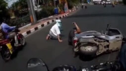 The camera saves man when a woman falls off scooter and blames him! 