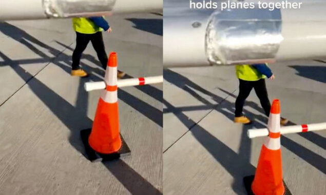 A worker at the airport displays tape that “holds planes together.”