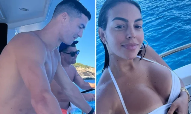 Georgina Rodriguez displays tan lines as she fishes with Cristiano Ronaldo on the Manchester United star’s £5.5 million yacht.