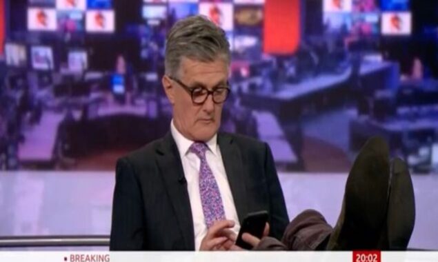 BBC host Tim Willcox was surprised with his feet on the desk on live TV