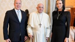 Princess Charlene wears black for meeting with Pope Francis