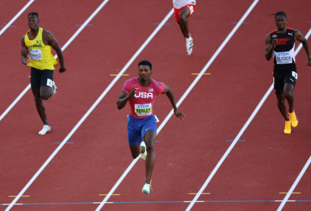 Kerley ablaze yet Jacobs battles in 100m warms