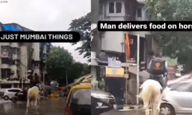 A man rides a horse to bring food, despite heavy rain