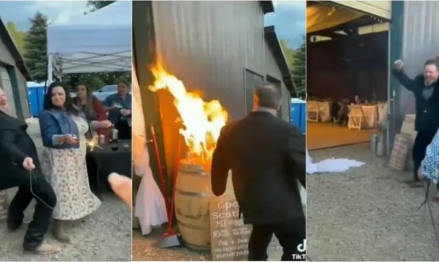 Wedding guests set decorations on fire