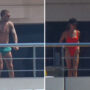 Victoria Beckham wears red swimsuit while David goes topless