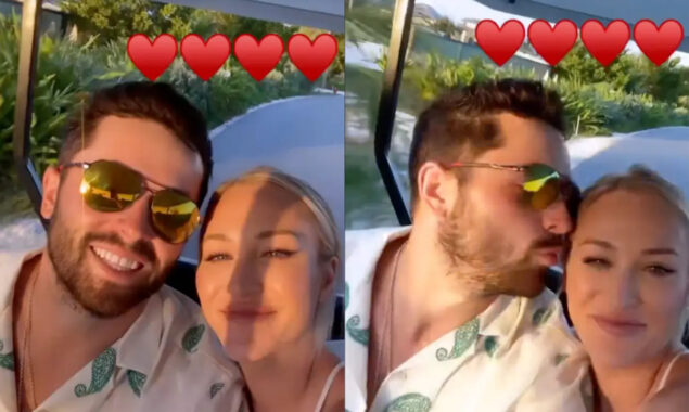 Baker Mayfield and his wife Emily embrace as they go to Carolina