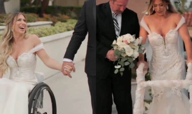 Paralyzed bride walks for first time at wedding, surprising husband