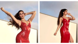Jacqueline Fernandez radiates glamour wearing a blazing red latex dress