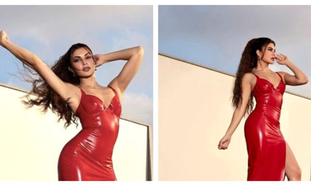 Jacqueline Fernandez radiates glamour wearing a blazing red latex dress