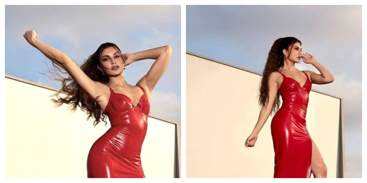 Jacqueline Fernandez radiates glamour wearing a blazing red latex dress