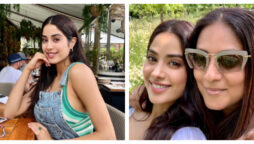 Janhvi Kapoor are style twinning with Nysa Devgn poses in denim dungarees and a green crochet crop top