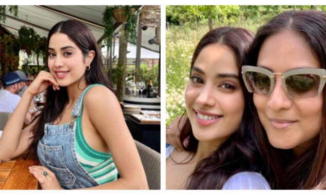 Janhvi Kapoor are style twinning with Nysa Devgn poses in denim dungarees and a green crochet crop top