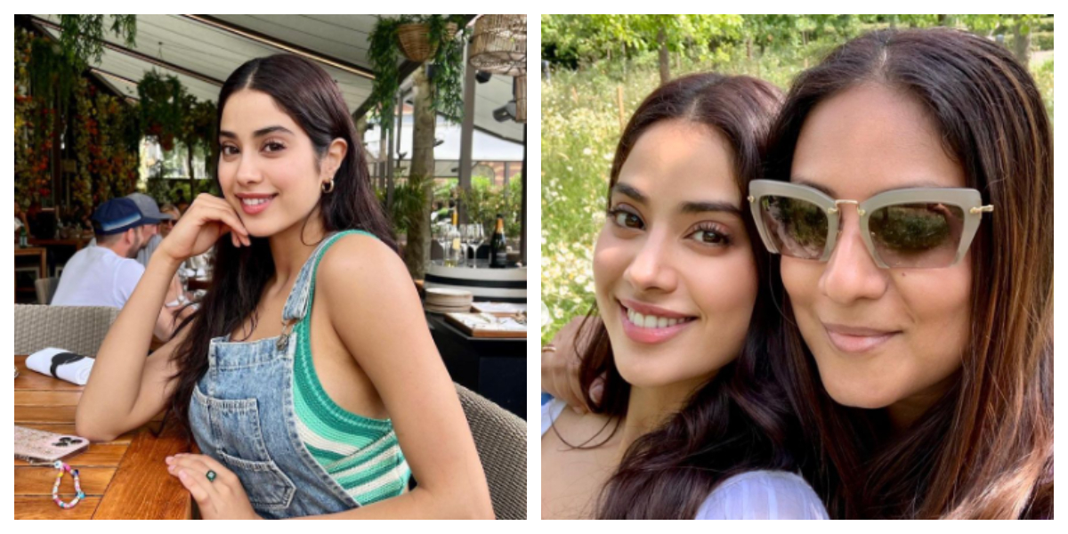 Janhvi Kapoor are style twinning with Nysa Devgn poses in denim dungarees and a green crochet crop top