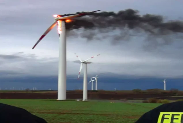 Lightning strikes a wind turbine, setting it ablaze