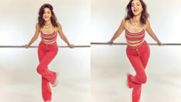 Ananya Panday slays in red color striped tank top and red flared pants