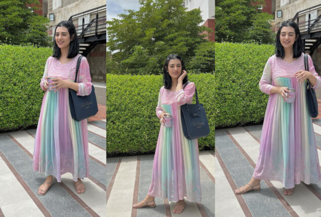 Sarah Khan gives perfect summer vibes in cute rainbow dress
