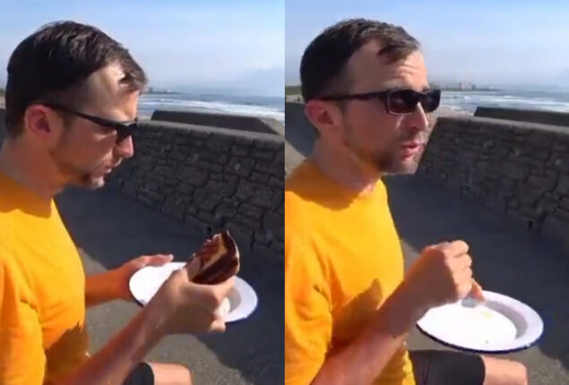 Hawk steals man’s sandwich his sad face is hilarious
