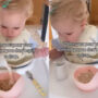 Toddler amazes herself after pouring milk without spilling it
