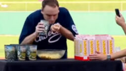 Joey Chestnut sets a new world record for eating popcorn