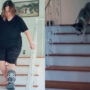 Dog tries to copy injured owner while descending stairs