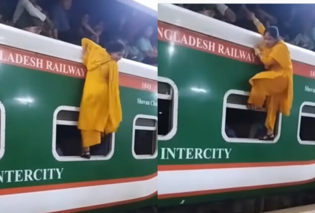 Watch what happens when a woman climbs on a crowded train
