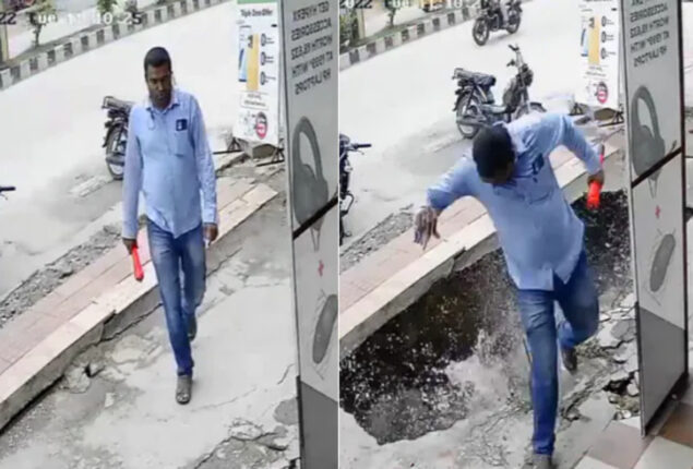 Viral: Man stunned footpath cracks seconds after he walks on it