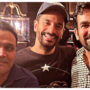Angad Bedi poses with former cricket players Virender Sehwag and Zaheer Khan