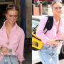 Maisie Smith spotted in baby-pink button-down shirt and white ripped trousers
