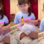 Daughter of Syra Yousuf and Shahroz Sabzwari, Nooreh, looks upset as she greets her baby sister