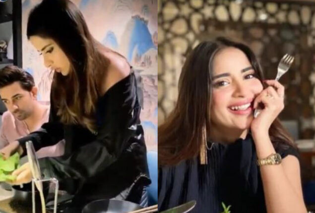 Saboor Aly and Ali Ansari poses for photos while having brunch