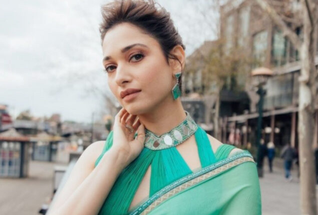 Tamannaah Bhatia sparkles in a sheer blue and gold saree