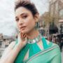 Tamannaah Bhatia sparkles in a sheer blue and gold saree
