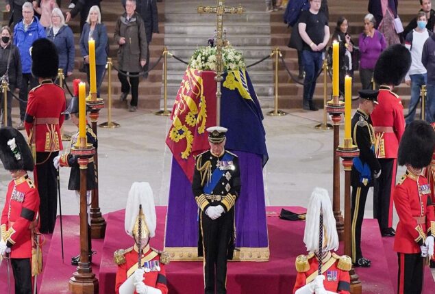 King Charles guard mother’s coffin in solemn vigil