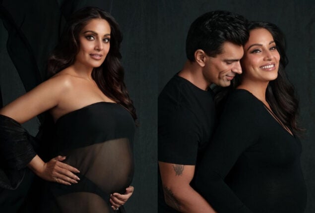 Bipasha Basu cradles bare baby bump in a sheer black gown