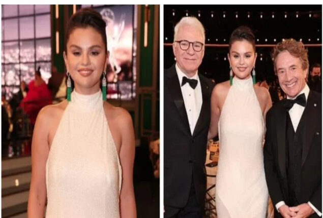 Selena Gomez stuns in a white halter dress at Emmy Awards