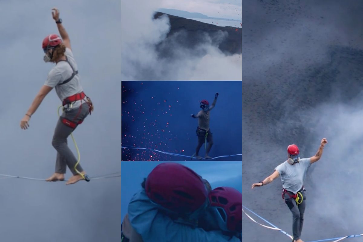 slackline walk over volcano
