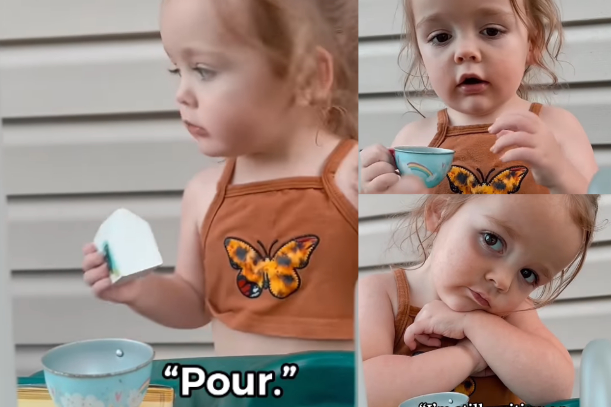 Kid play with tea set