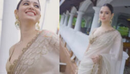 Tamannaah Bhatia pulls off elegancy in white and gold saree