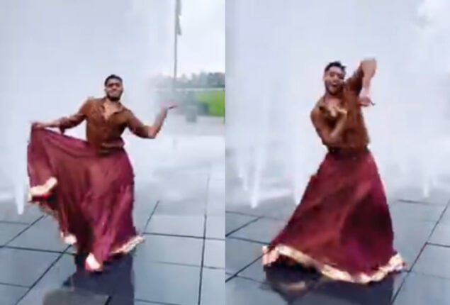 Desi Man in Skirt Dances in Fountain Water to Barso re