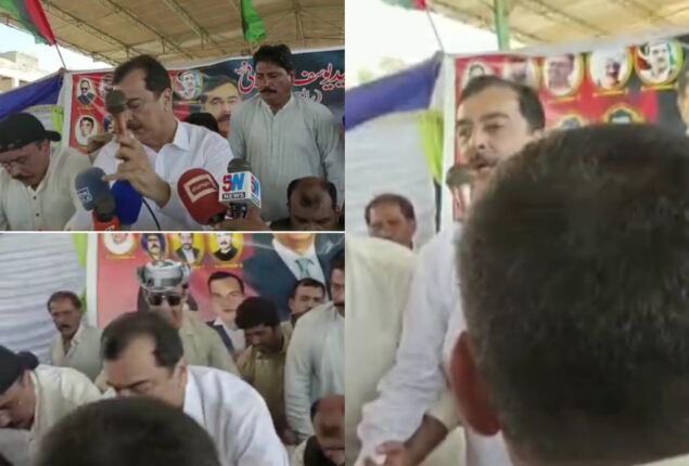 Ex-PM Yousaf Raza Gillani fell off stage while talking to flood victims