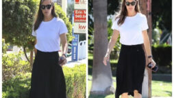 Jennifer Garner steps out in style wearing black skirt and white top