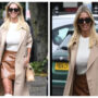Christine McGuinness slaying in beige coat and brown miniskirt