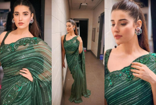 Hareem Farooq looks ravishing in glitzy green saree at the awards