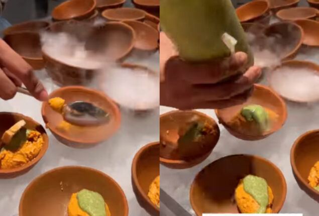 Chef serves butter chicken ice cream with green chutney