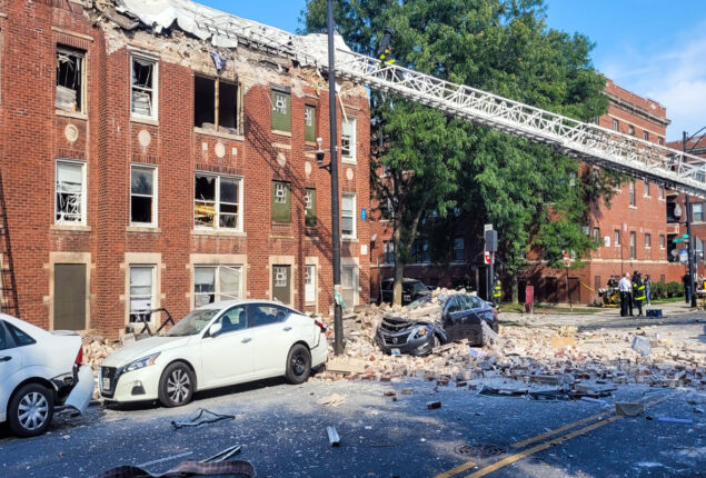 After a nearby explosion, a building collapses in Chicago