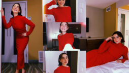 Hania Aamir looks splendid in a gorgeous red bodycon dress