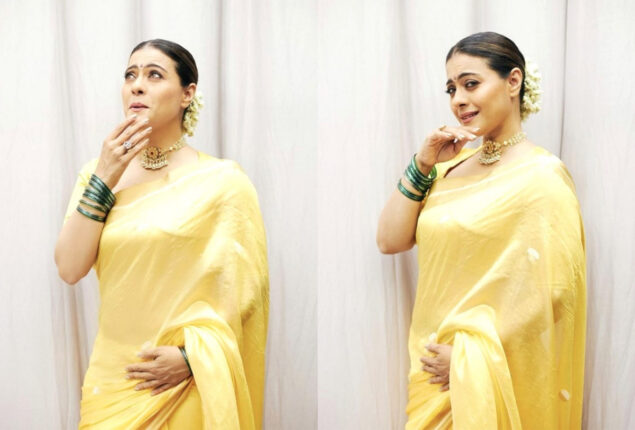 Kajol looks vivacious in Raw Mango’s yellow saree