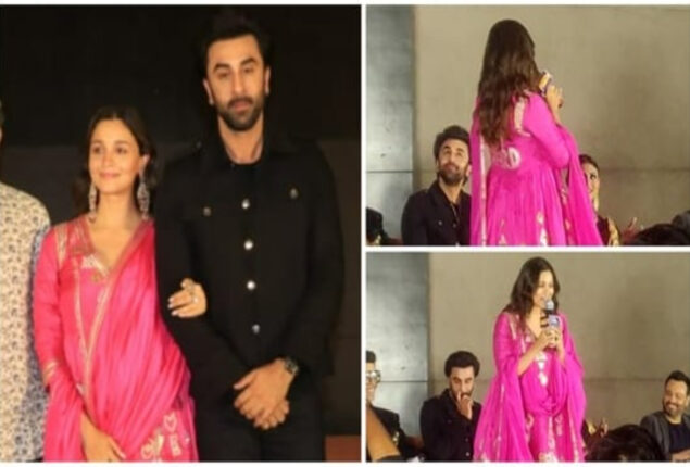 Ranbir Kapoor blushes as Alia Bhatt points at him singing Kesariya